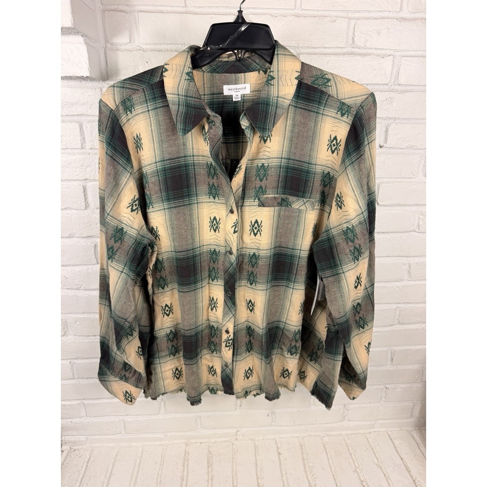 Westbound Woman 2X Plaid Embroidered Southwestern Cotton Button Up Shirt NWT